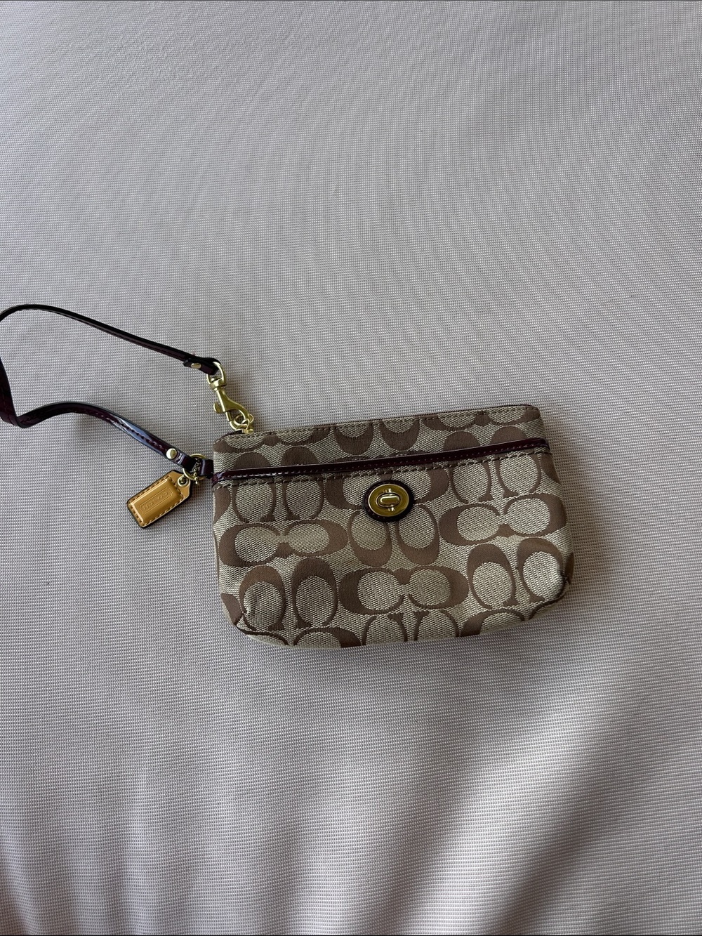 Coach Brown/Tan Signature Canvas Wristlet with Gold Hardware